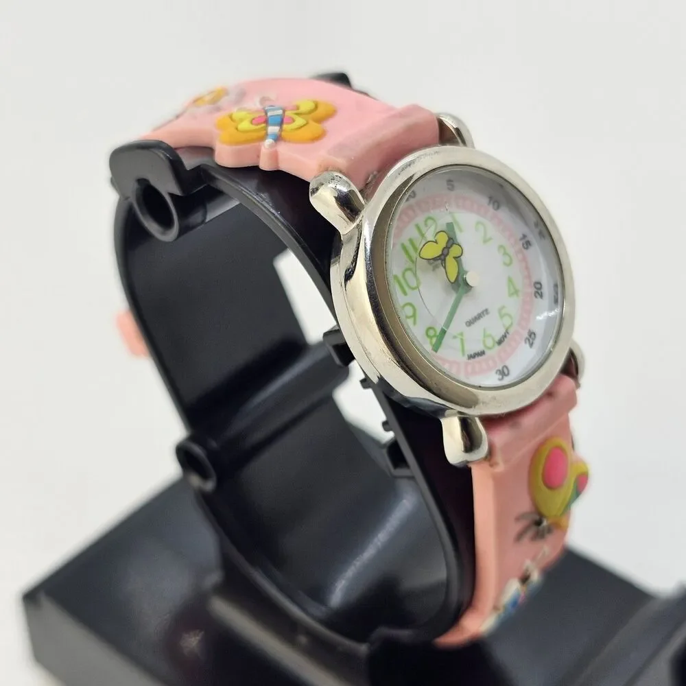 Floating Butterfly Second Hand Kids Watch 27MM White Dial Pink Bands New Battery